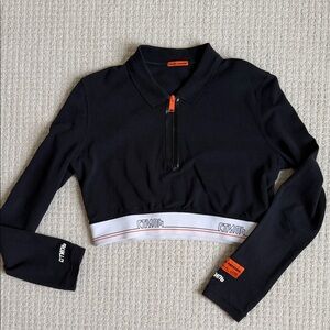 Heron Preston Black Cropped Long Sleeve Pullover with Orange Accents